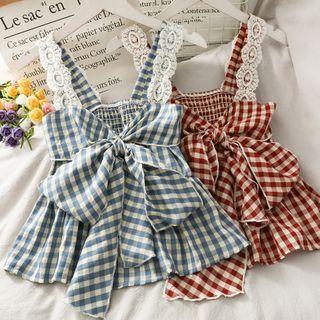 Lace-panel Checker Ribbon Crop Top
