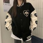 Heart Embroidered Baseball Jacket Black - One Size