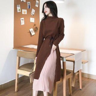 Set: Mock-neck Long-sleeve Knit Dress + Midi A-line Skirt