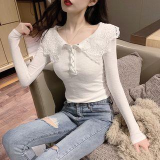 Half-button Collared Long-sleeve Plain Top