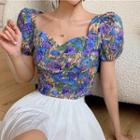 Floral Puff-sleeve V-neck Cropped Blouse