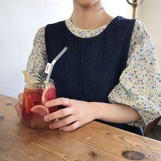 Keyhole-back Balloon-sleeve Floral Top
