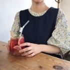 Keyhole-back Balloon-sleeve Floral Top
