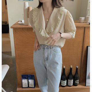Puff-sleeve Eyelet Lace Trim Blouse Almond - One Size