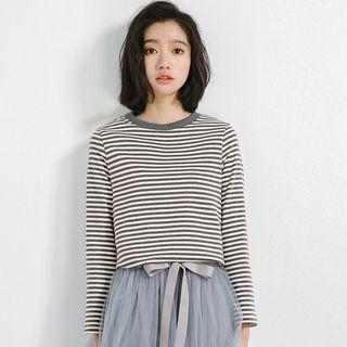 Long-sleeved Crewneck Striped Sheath Slim T-shirt
