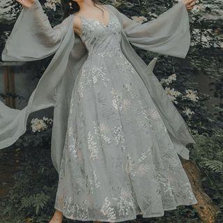 Set: Sleeveless Jacquard Mesh Maxi Dress + Embroidered Long Top / Sleeveless Jacquard Mesh Dress