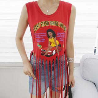 Fringe-hem Printed Long Tank Top
