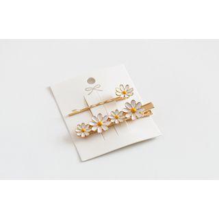 Set: Flower Hair Pin + Hair Clip 01 - Daisy - White & Gold - One Size