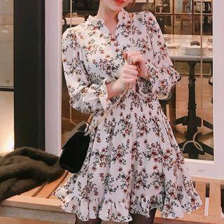 Long-sleeve Floral Print Chiffon Mini Dress