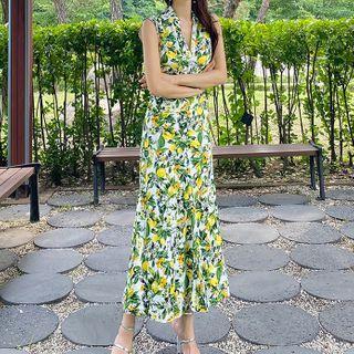 Sleeveless Lemon Print Maxi A-line Dress