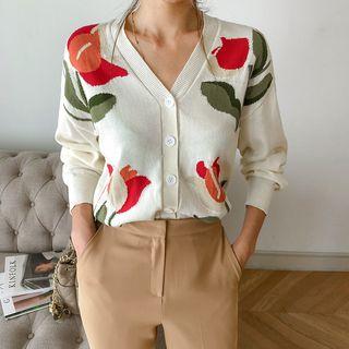 V-neck Flower Print Knit Cardigan