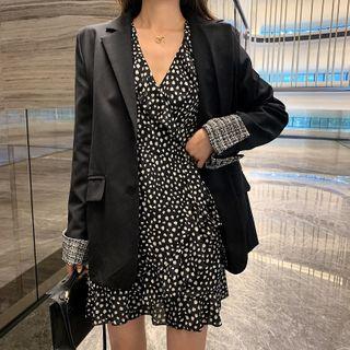 Long-sleeve Dotted Mini A-line Dress / Single-breasted Blazer