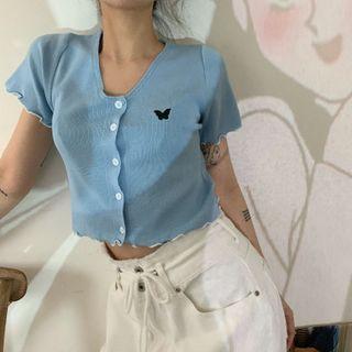Short-sleeve Frill Trim Butterfly Embroidered Cropped Cardigan