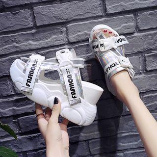 Lettering Strap Buckled Wedge Platform Sandals