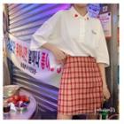 Elbow-sleeve Heart Embroidered Polo Shirt / Plaid A-line Skirt