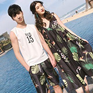 Couple Matching Leaf Print Spaghetti Strap Midi Dress / Set: Lettering Tank Top + Shorts