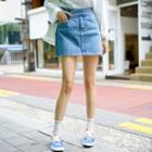 Belt-waist A-line Denim Miniskirt