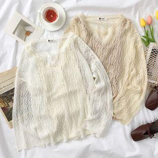Set: Crew-neck Long-sleeve Knit Top + Lace Trim Camisole Top