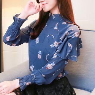 3/4-sleeve Cartoon Printed Ruffled Chiffon Top