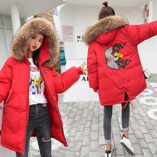 Embroidered Hooded Padded Zip-up Coat