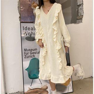 Oversized V-neck Ruffle Long-sleeve Sleep Dress Almond - One Size