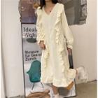 Oversized V-neck Ruffle Long-sleeve Sleep Dress Almond - One Size