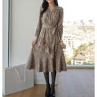 Floral Long-sleeve Midi A-line Dress Khaki - One Size