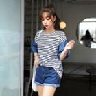 Contrast-sleeve Striped T-shirt