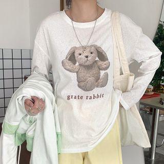 Long-sleeve Round-neck Rabbit Print Top White - One Size