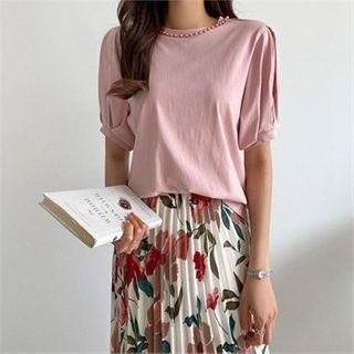 Faux-pearl Trim Puff-sleeve Top