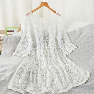 Long-sleeve Mesh A-line Dress White - One Size