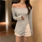 Long-sleeve Off-shoulder Slit-hem Top