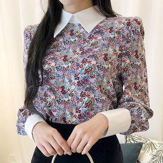 Contrast-collar Button-back Floral Blouse
