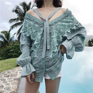 V-neck Lace Trim Blouse Green - One Size