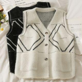 V-neck Printed Woolen Button-up Pocket Vest