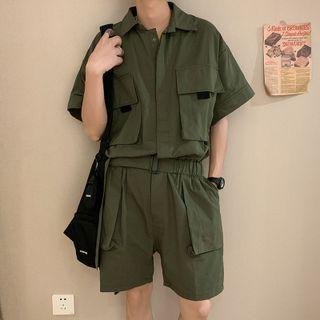 Plain Cargo Straight-cut Jumpsuit