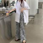 Set: Elbow-sleeve Plain T-shirt + Zebra Print Wide Leg Pants