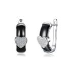 925 Sterling Silver Simple Romantic Heart-shaped Black Ceramic Stud Earrings With Cubic Zircon Silver - One Size
