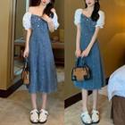 Puff-sleeve Denim Panel Midi A-line Dress