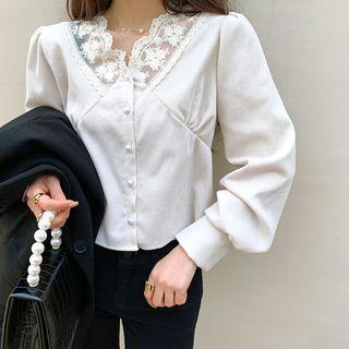 Puff-sleeve Lace-trim Corduroy Blouse