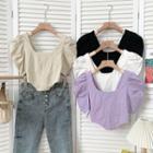 Asymmetrical Tie-back Puff-sleeve Crop Top In 8 Colors