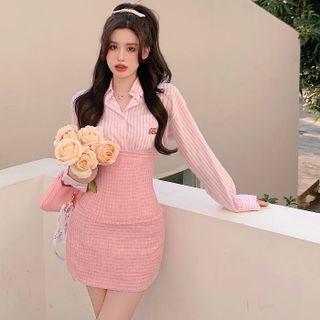 Striped Letter Embroidered Shirt / Plaid Mini Pencil Skirt