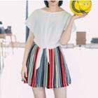 Set: Short Sleeve Tie Waist T-shirt + Striped A-line Mini Skirt