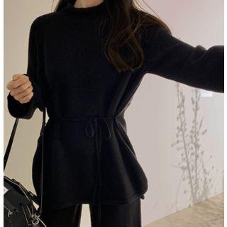 Set: High-neck Knit Top + Knit Pants Black - One Size