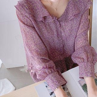Floral Print Ruffled Chiffon Blouse Purple - One Size