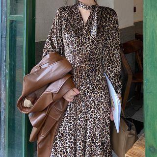 Leopard Print Tie-neck Midi A-line Dress