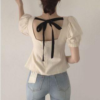 Short-sleeve Bow-back Peplum Top Almond - One Size