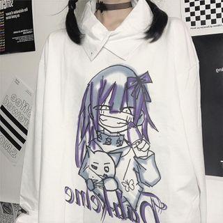 Polo-neck Cartoon Print Pullover