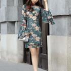 Long-sleeve Floral Print Qipao Dress
