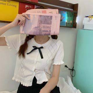 Short-sleeve Ribbon Ruffled Knit Top